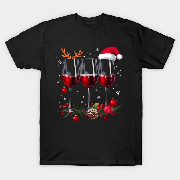 Xmas Glass of Red Wine Santa Hat Christmas Pajama Men Women T-Shirt by ArifLeleu